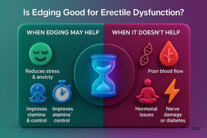 Split infographic comparing when edging may help with erectile dysfunction, such as stress or premature ejaculation, versus when it doesn’t, like poor blood flow, diabetes, or hormonal issues.