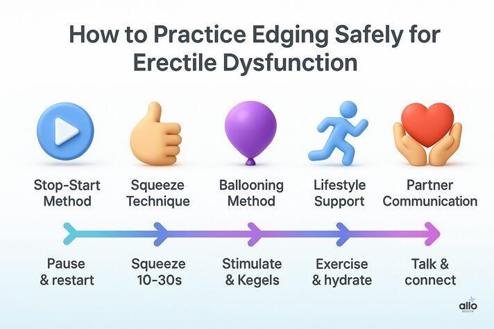 Step-by-step 3D infographic showing safe edging practices for erectile dysfunction including stop-start, squeeze, ballooning, lifestyle support, and partner communication.