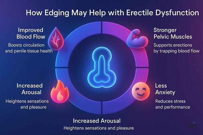 circular diagram showing how edging may help with erectile dysfunction by boosting blood flow, strengthening pelvic muscles, reducing anxiety, and enhancing arousal.