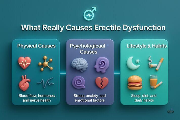 medical infographic titled “What Really Causes Erectile Dysfunction,” showing three panels — physical causes (blood flow, hormones, nerve damage), psychological causes (stress, anxiety, relationship issues), and lifestyle factors (poor sleep, unhealthy diet, smoking, alcohol).