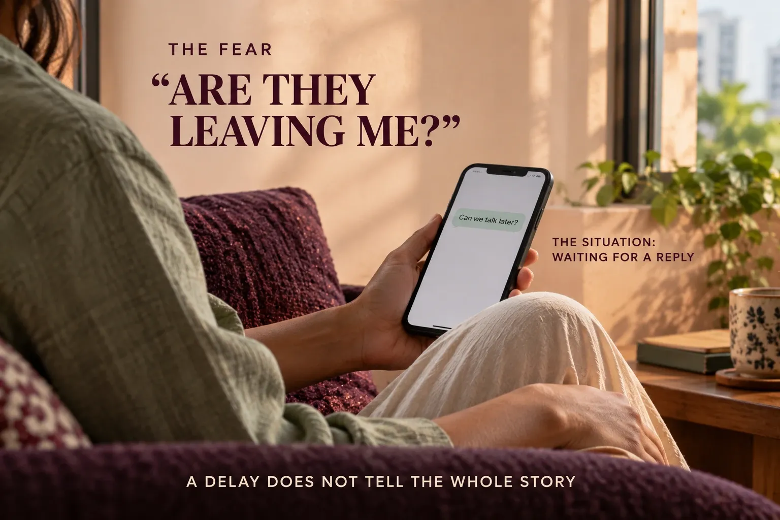 Person waiting for a text reply beside wording that distinguishes uncertainty from fear of abandonment.