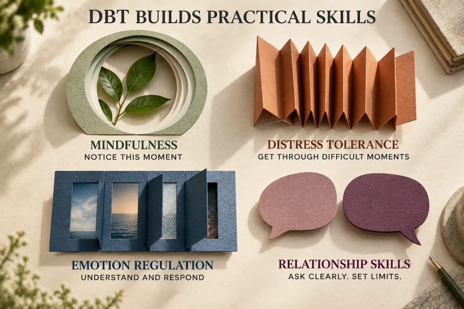 Four paper forms illustrating DBT skills for mindfulness, distress, emotions and relationships.