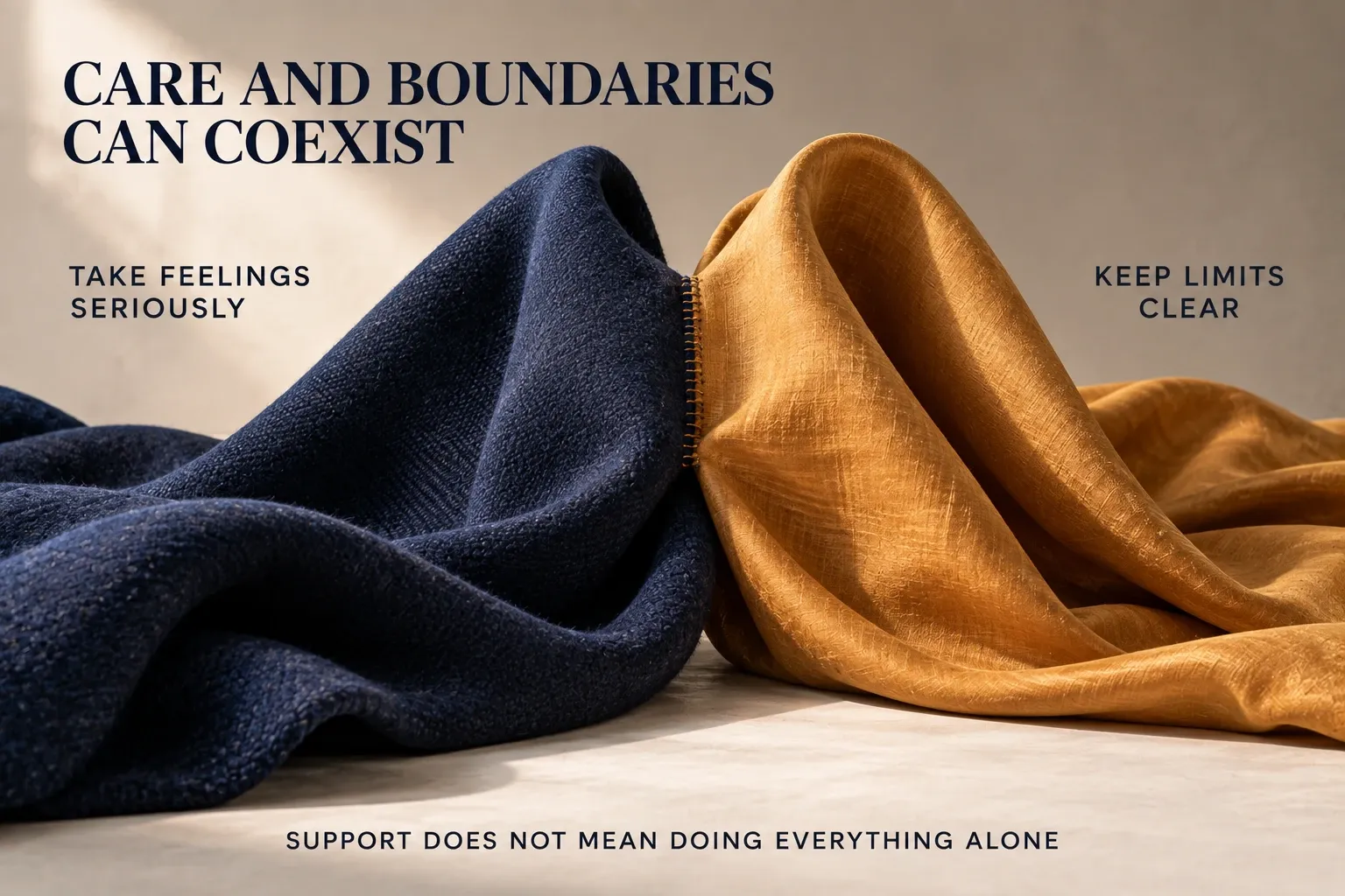 Indigo and ochre fabric sculptures joined at a seam, representing compassion with clear boundaries.