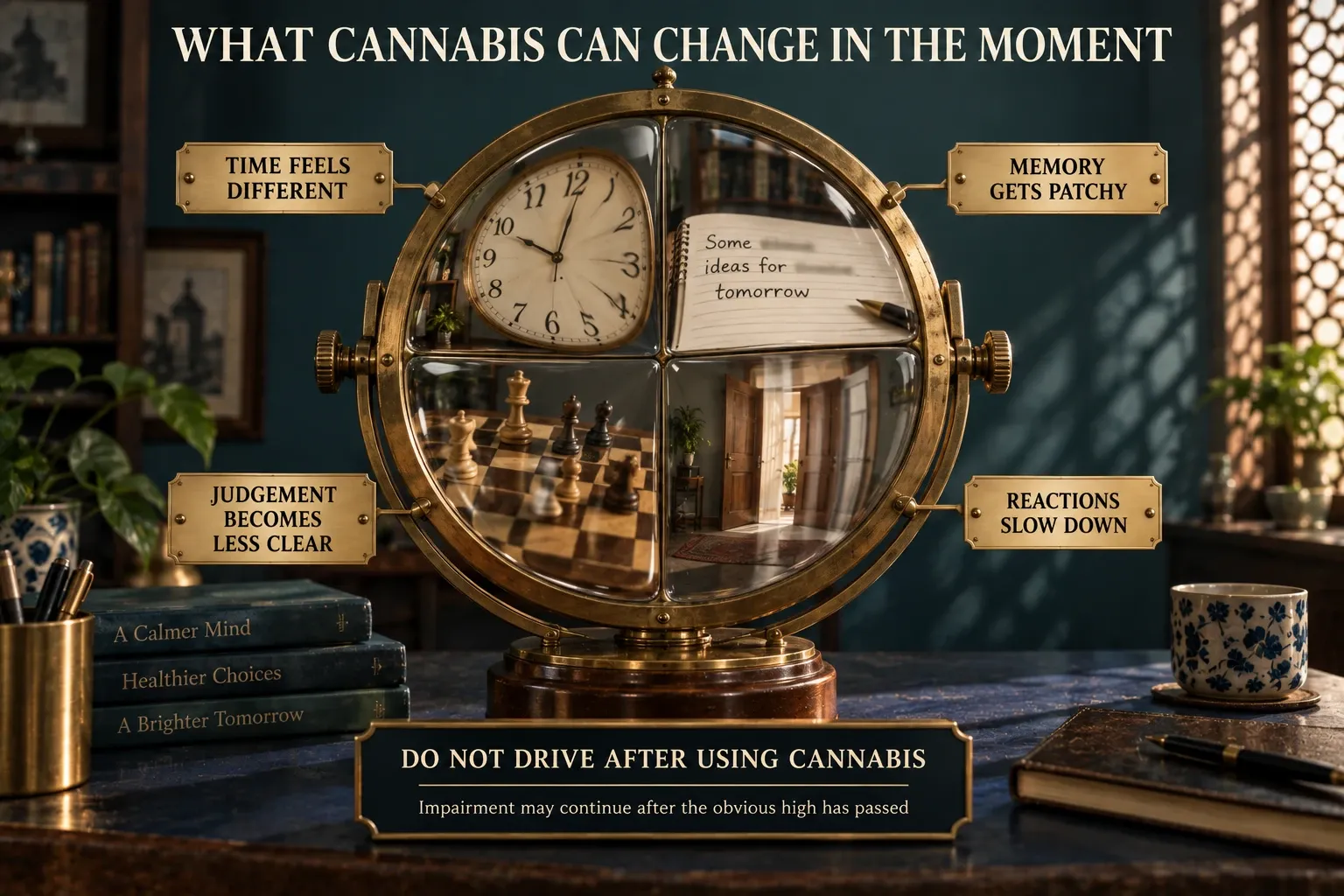 Antique optical instrument illustrating how cannabis can affect memory, judgement, reaction time and the perception of time.