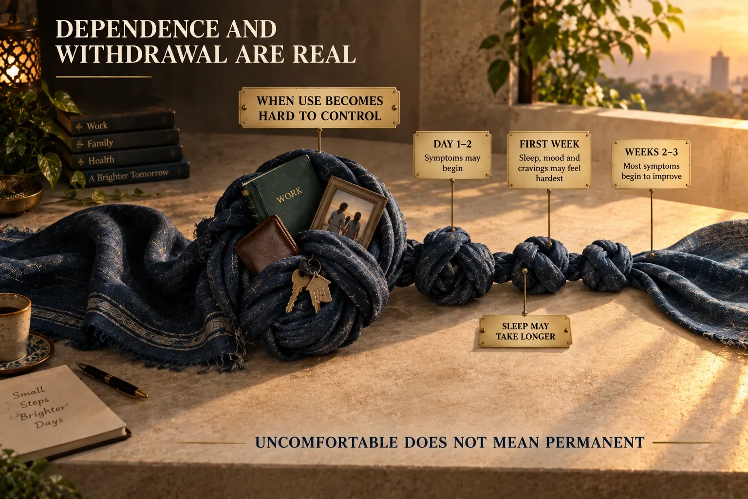 Knotted indigo fabric illustrating cannabis dependence, withdrawal symptoms and how symptoms may gradually settle after stopping.