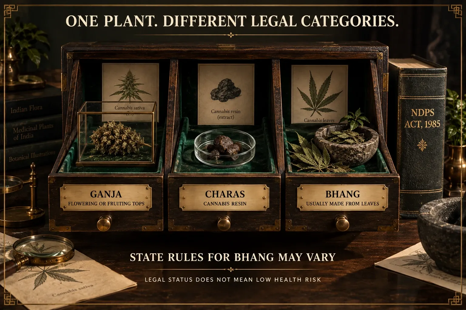 Botanical archive comparing ganja flowering tops, charas cannabis resin and bhang made from cannabis leaves under Indian law.
