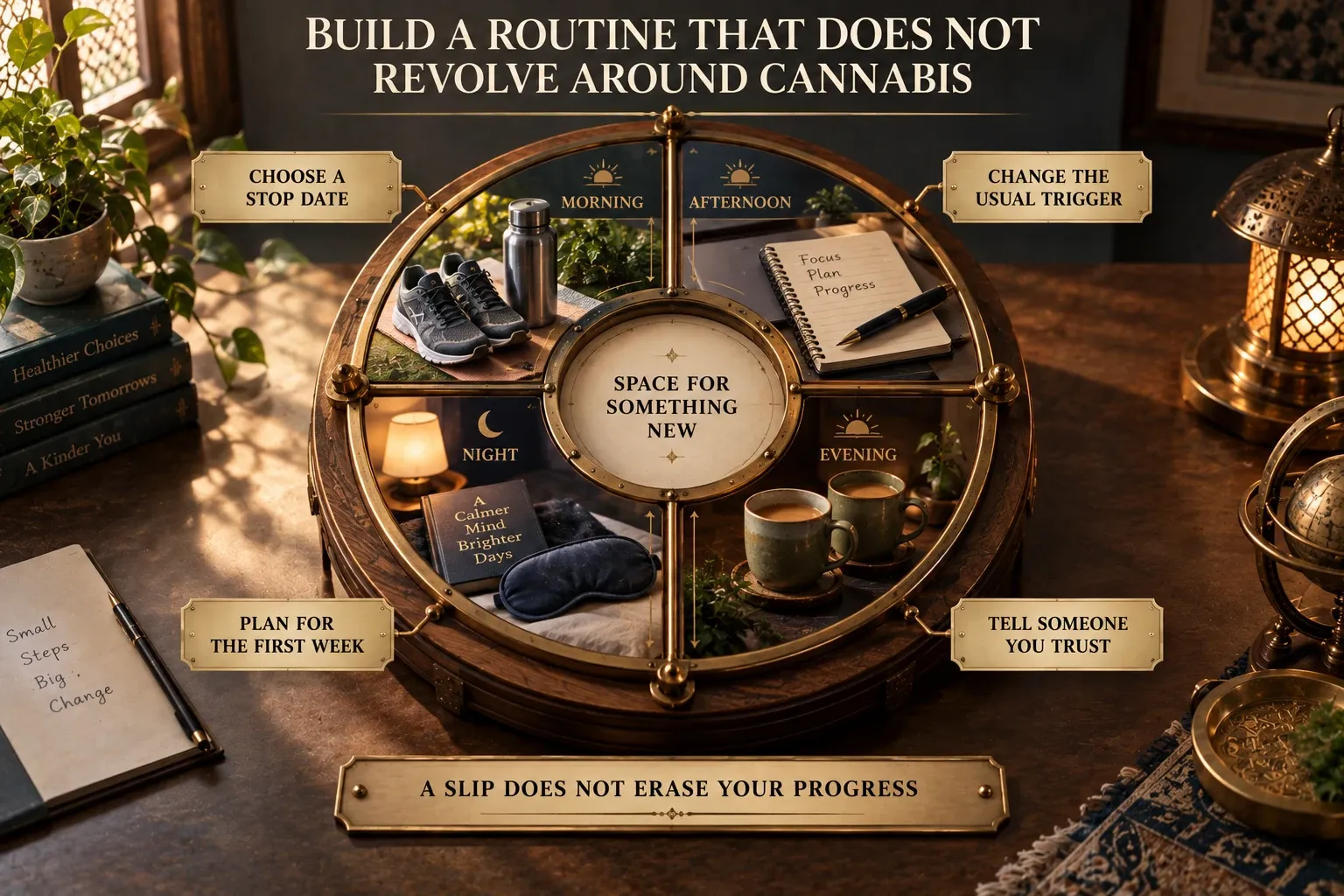 Circular daily planner showing practical routines and support that can help someone reduce or stop cannabis use.