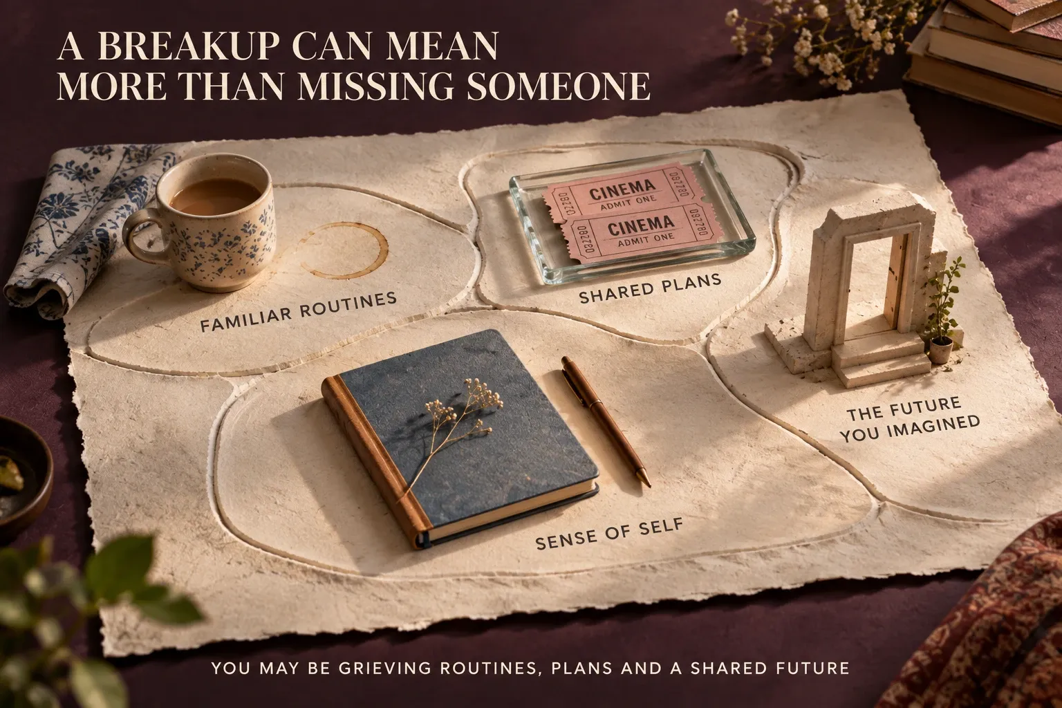 Objects representing routines, plans, an imagined future and sense of self illustrate the different losses that can follow a breakup.
