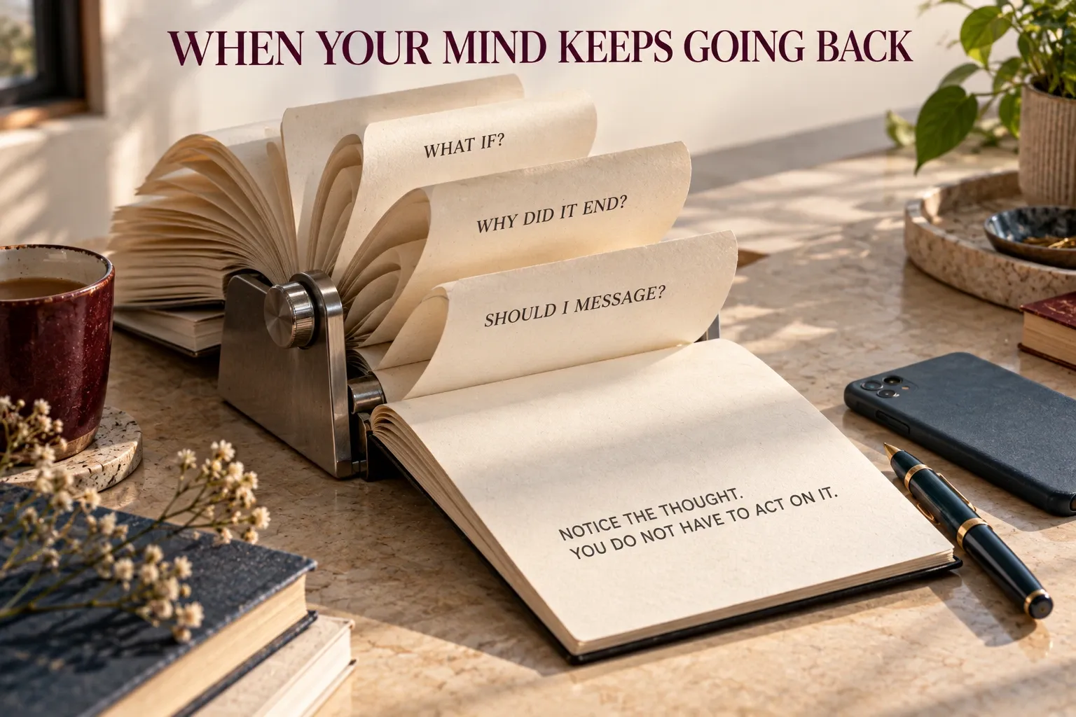 Turning pages repeat common breakup thoughts while a blank page and face-down phone suggest noticing thoughts without acting on them.