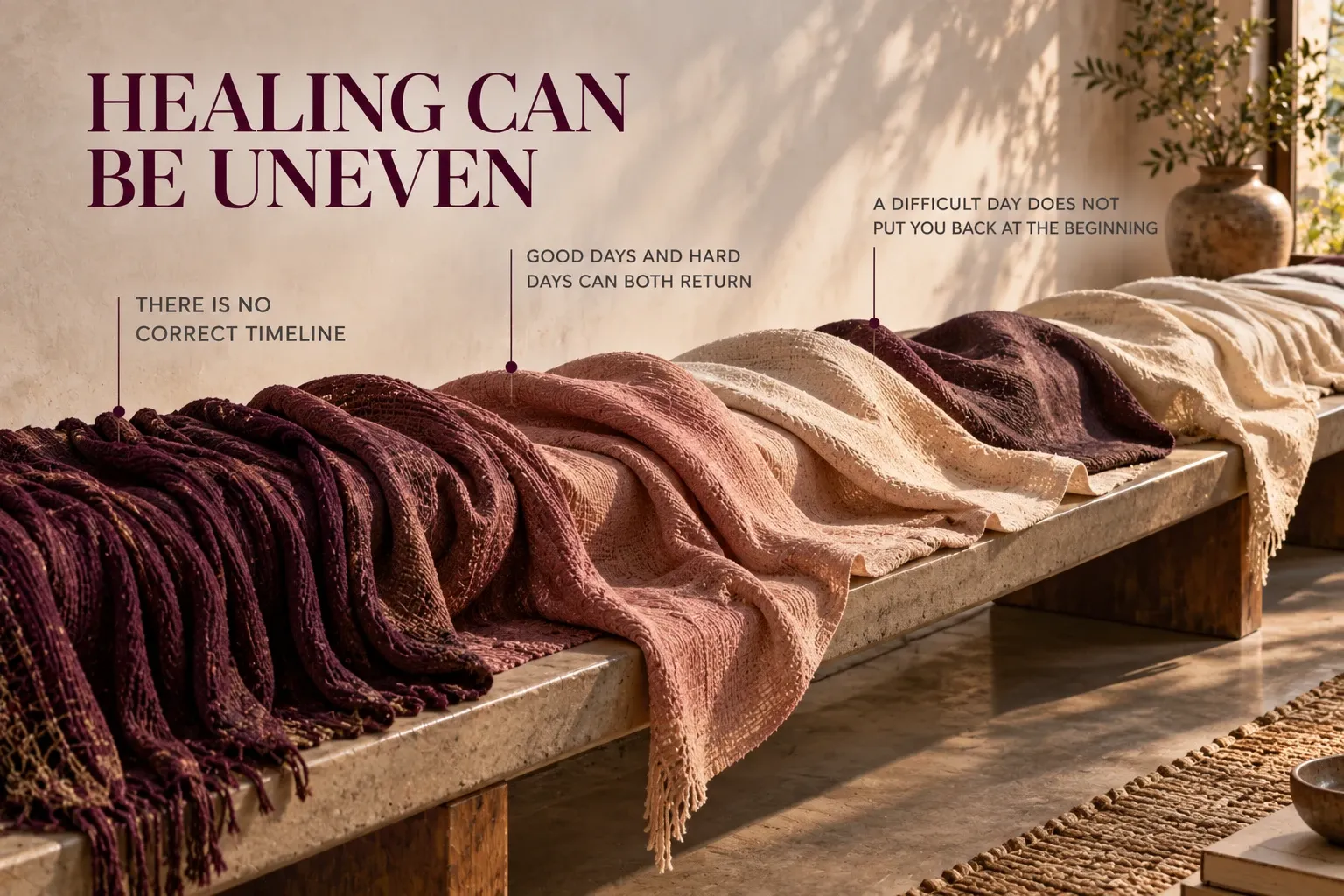 Changing folds in a long textile represent the uneven course of recovering from a breakup.