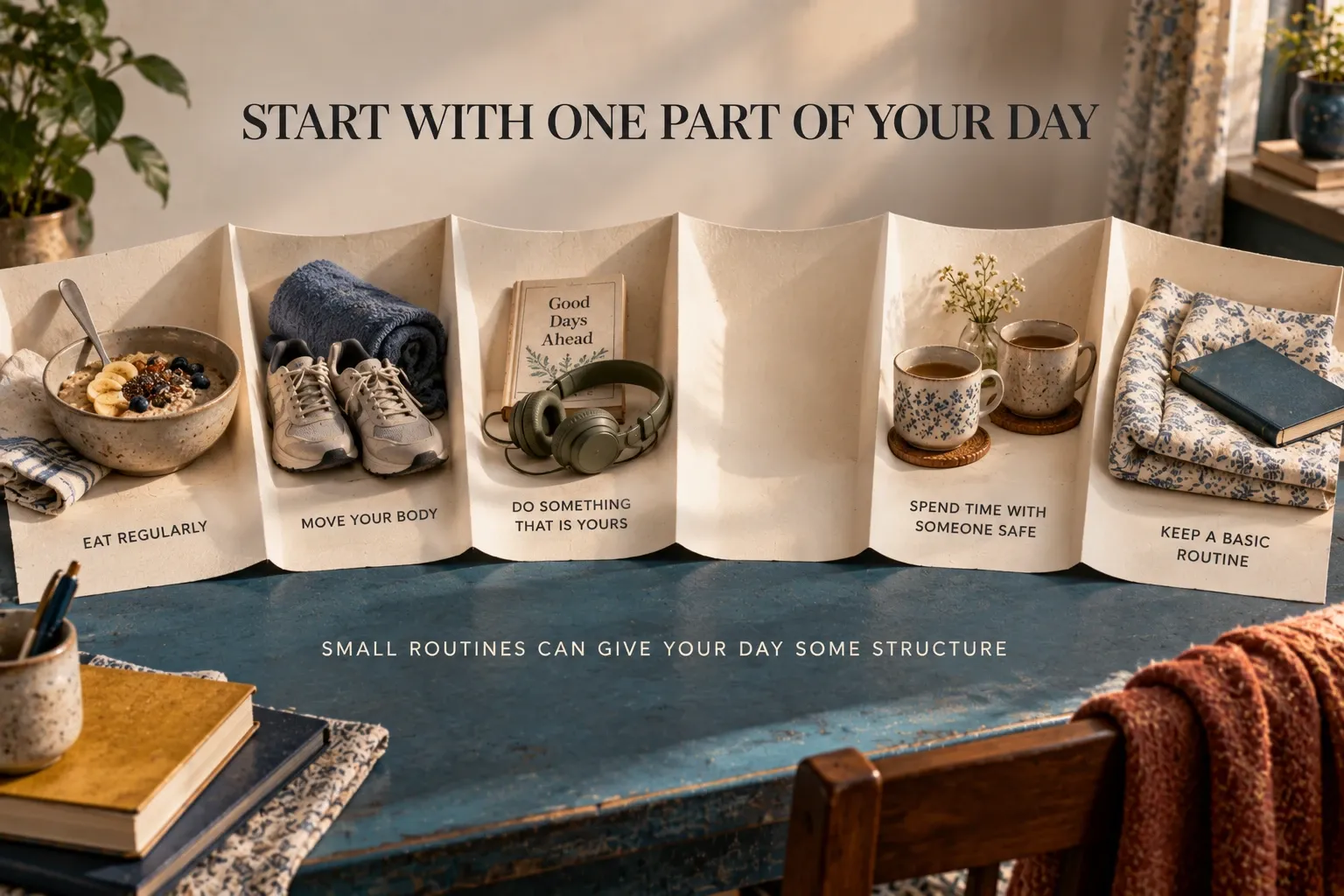 A folded day planner shows simple routines such as eating, walking, hobbies, social support and sleep after a breakup.