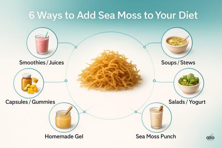 Infographic with sea moss in center and six icons for smoothies, soups, salads, Caribbean punch, homemade gel, and supplements, explaining sea moss erectile dysfunction use.