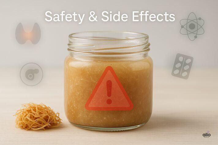 Glass jar of sea moss with red caution icon, thyroid silhouette, pill strip, and heavy metal hazard icon, warning about sea moss erectile dysfunction risks.