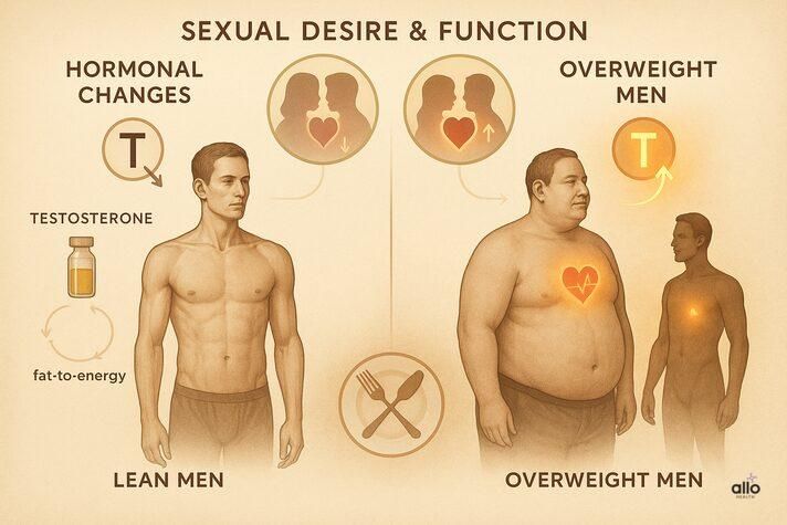 Split illustration showing lean male with lower testosterone and overweight male improving testosterone after fasting, with libido icons — explaining can fasting cause erectile dysfunction.