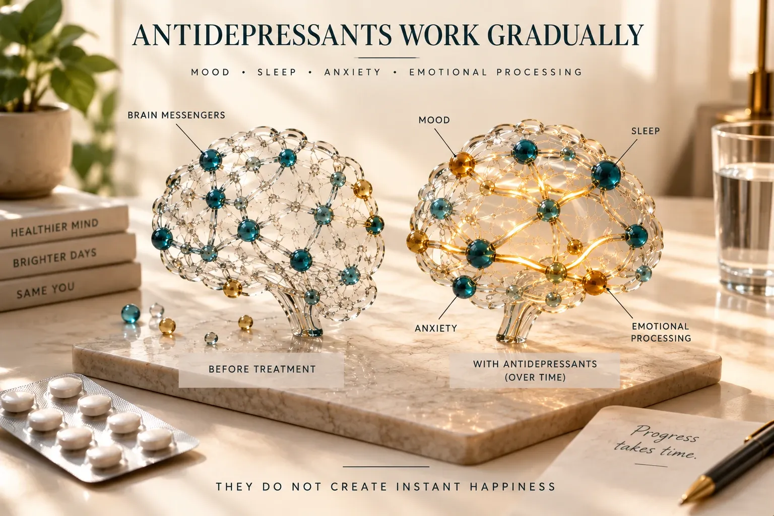 Two glass brain models illustrate how antidepressants gradually affect mood, sleep, anxiety and emotional processing.