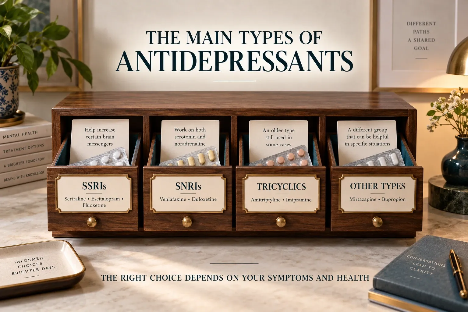 Wooden medicine cabinet displaying SSRIs, SNRIs, tricyclic antidepressants and other antidepressant types.