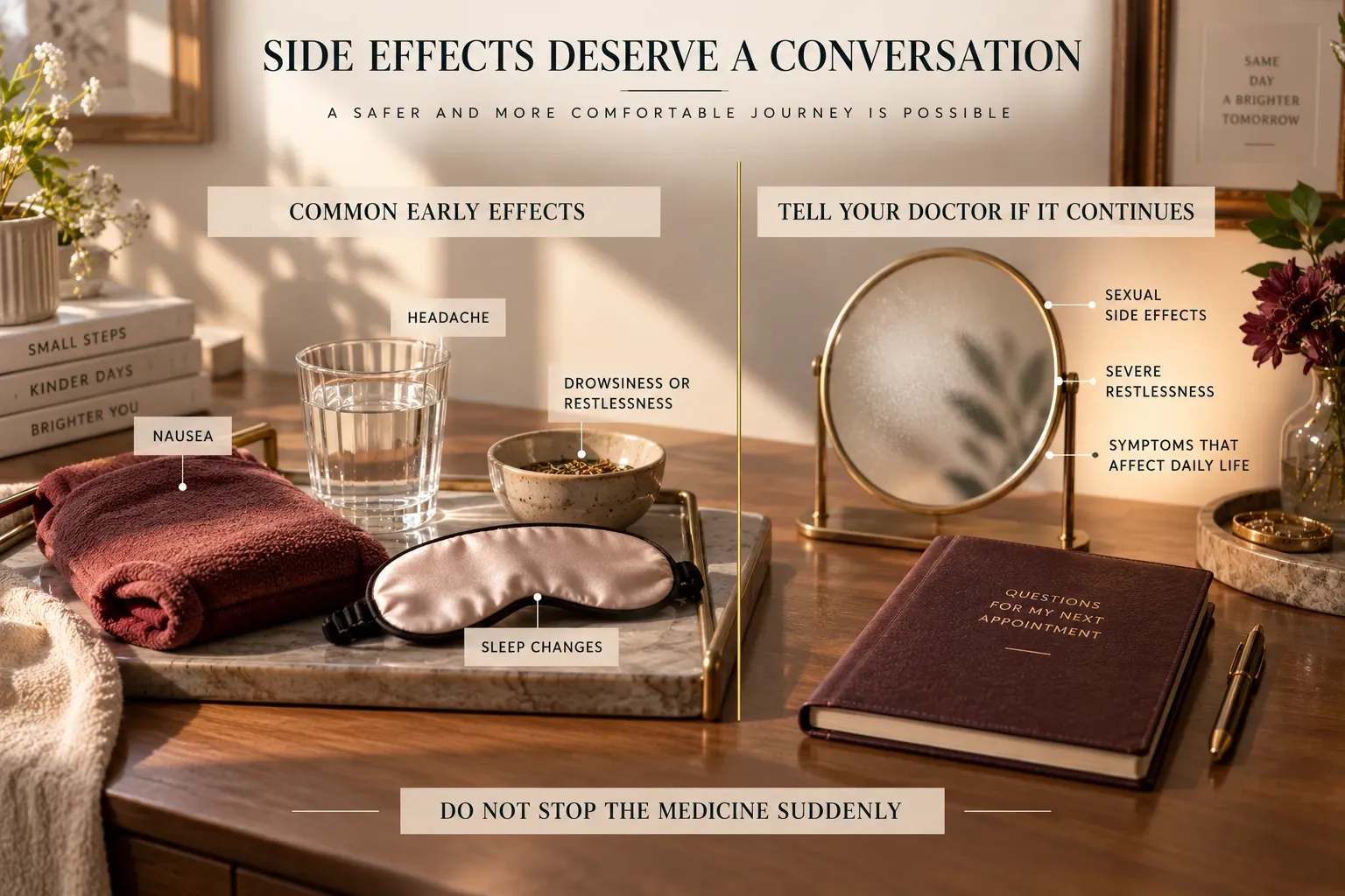 Common antidepressant side effects shown beside a journal encouraging patients to discuss continuing symptoms with their doctor.