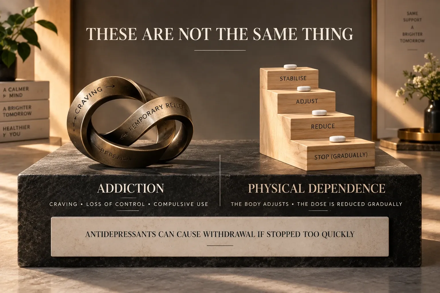 Metal loop representing addiction beside gradual wooden steps representing physical dependence and safe antidepressant reduction.