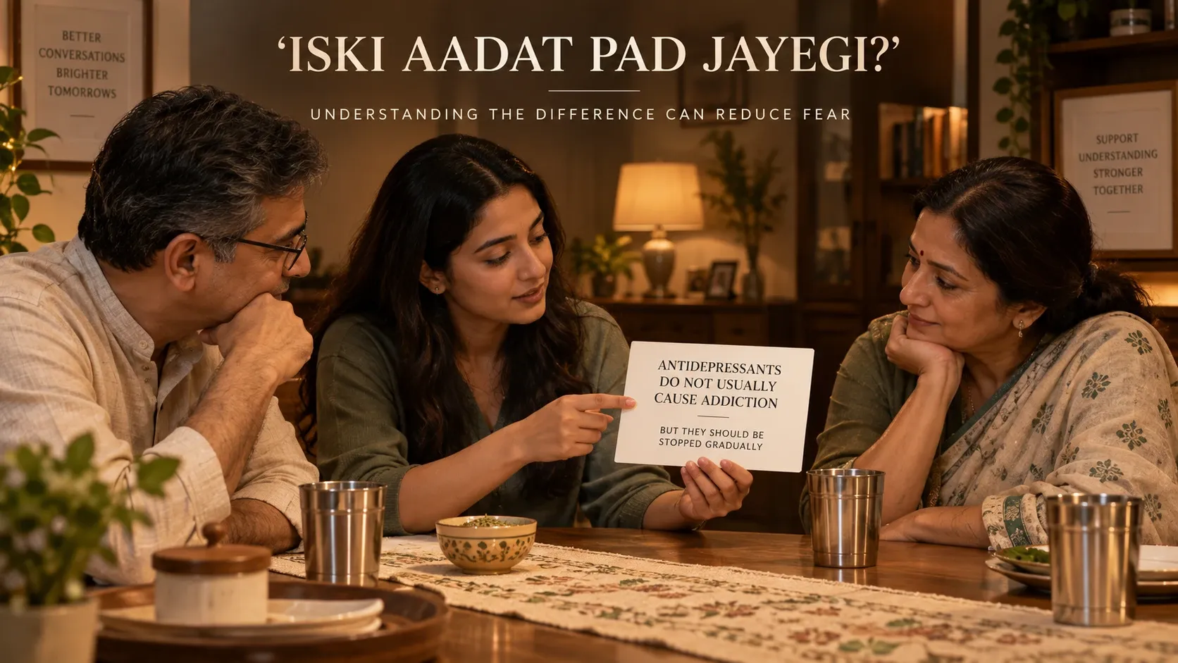 Indian woman explains to her parents that antidepressants do not usually cause addiction but should be stopped gradually.