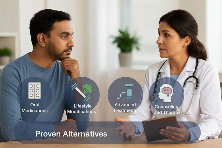 Doctor consulting a male patient with infographic icons showing proven alternatives to crystal that prevent erectile dysfunction treatment like medications, lifestyle changes, and therapy.