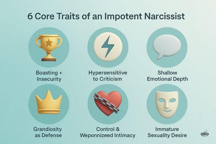 : Infographic showing 6 core traits of an impotent narcissist with icons for inflated ego, hypersensitivity to criticism, shallow emotions, grandiosity, control in intimacy, and immature sexuality.