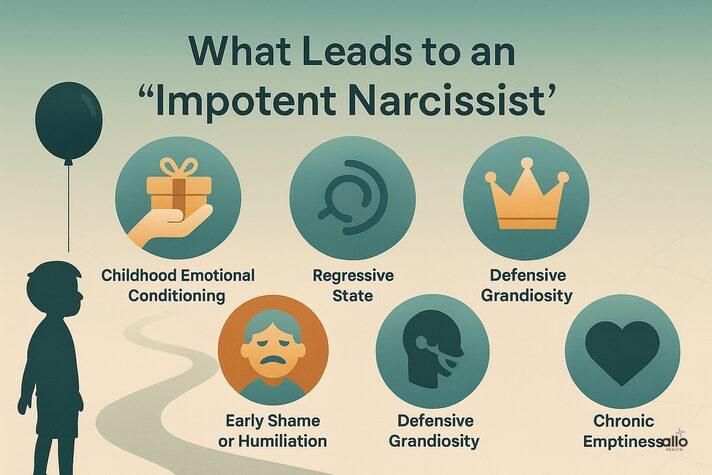 Infographic of psychological pathways leading to an impotent narcissist, with icons for childhood conditioning, regression, shame, defensive grandiosity, and chronic emptiness.
