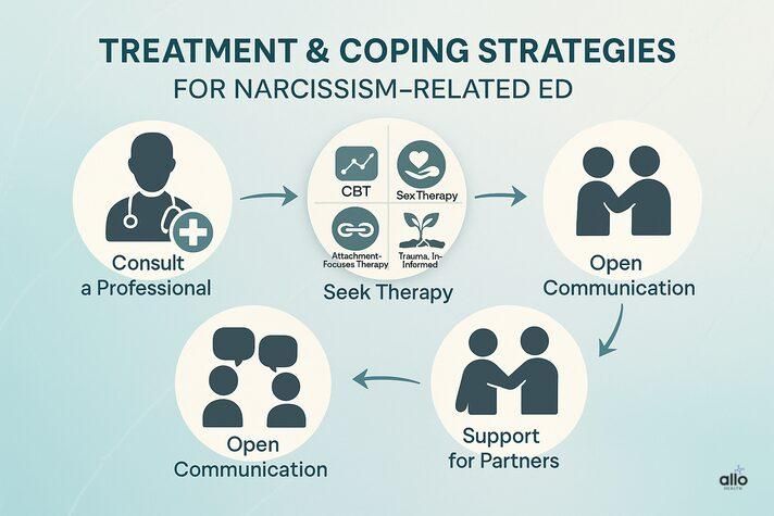 Infographic of treatment strategies for an impotent narcissist with ED, including medical consultation, therapy approaches like CBT and sex therapy, open communication, and partner support.