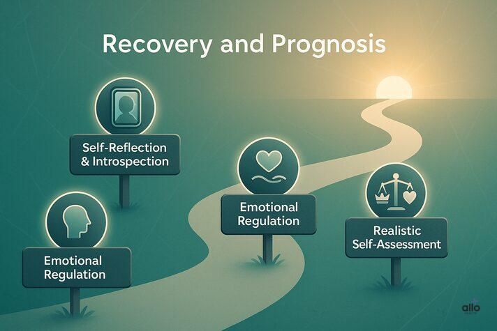 Infographic showing recovery journey of an impotent narcissist with erectile dysfunction, including self-reflection, boundary setting, emotional regulation, and realistic self-assessment.