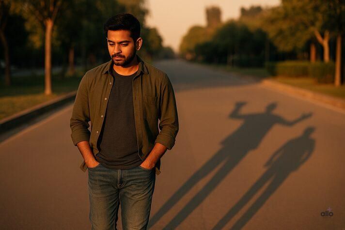 image of an Indian man walking at sunset with two diverging shadows, symbolizing the contrast between the true self and the grandiose persona of an impotent narcissist.