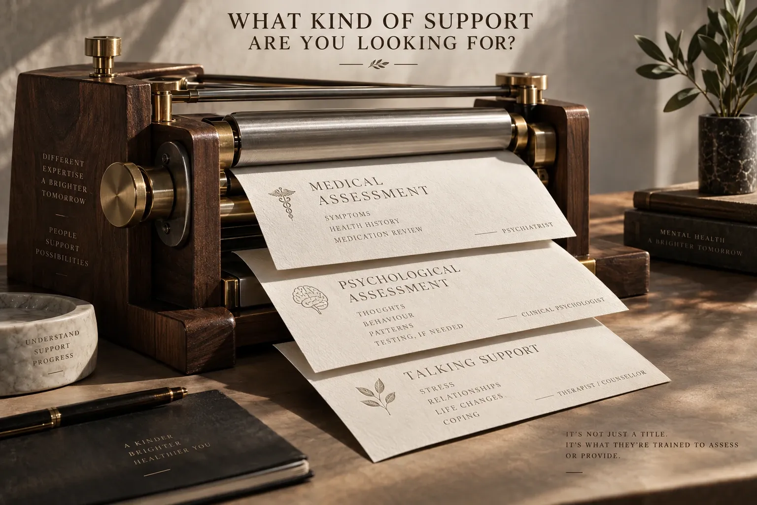 Paper press showing medical assessment, psychological assessment and talking support options.