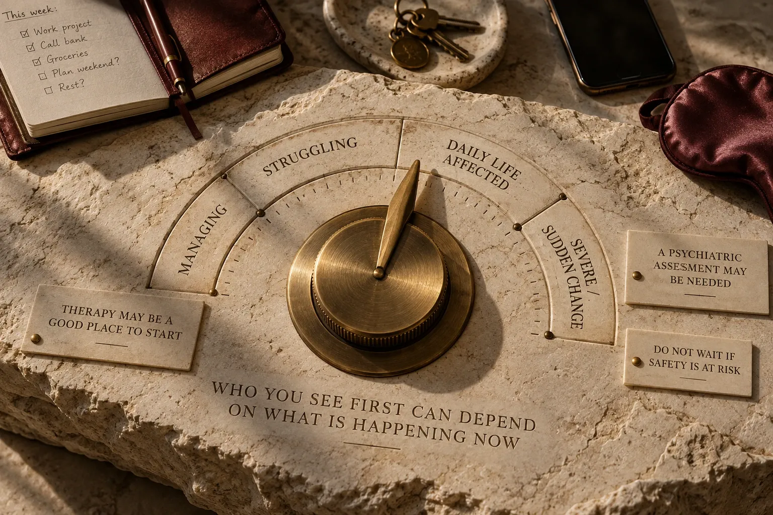 Brass dial showing how mental health symptoms affect daily life and when to seek help.