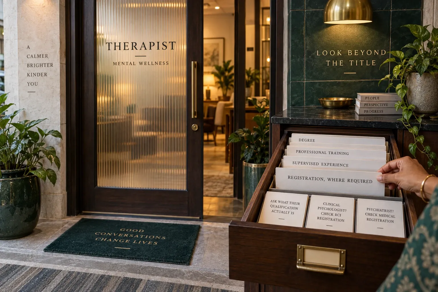Therapy studio entrance with credential cards for qualifications, training and professional registration.