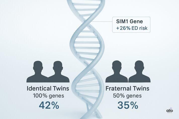 Infographic explaining is erectile dysfunction genetic, showing twin studies with higher heritability in identical twins (42%) vs fraternal twins (35%), and highlighting the SIM1 gene linked to a 26% increased ED risk.