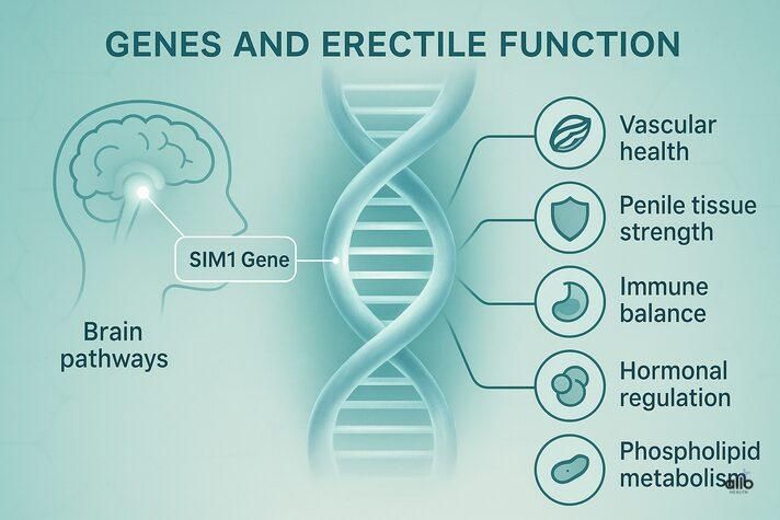 Infographic showing how is erectile dysfunction genetic relates to the SIM1 gene and brain pathways, with factors like vascular health, penile tissue strength, immune balance, hormonal regulation, and phospholipid metabolism.