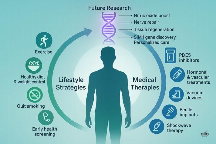 Infographic explaining is erectile dysfunction genetic management options, showing lifestyle strategies, medical therapies, and future gene research around a male silhouette.