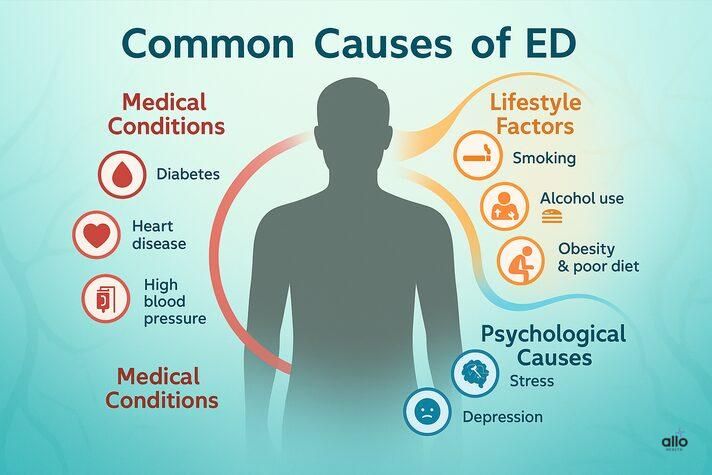 Infographic on is erectile dysfunction genetic and other common causes of ED, highlighting medical conditions, lifestyle habits, and psychological factors.