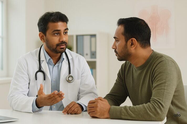 Doctor explaining treatment options for erectile dysfunction to a male patient in a clinic, highlighting the role of sex toys for erectile dysfunction as supportive tools. 