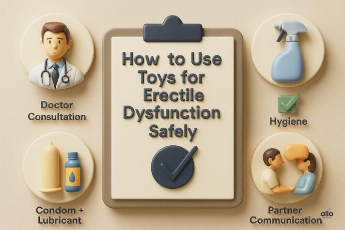 Infographic checklist with doctor consultation, hygiene, condom and lubricant, and partner communication icons, guiding safe use of sex toys for erectile dysfunction.