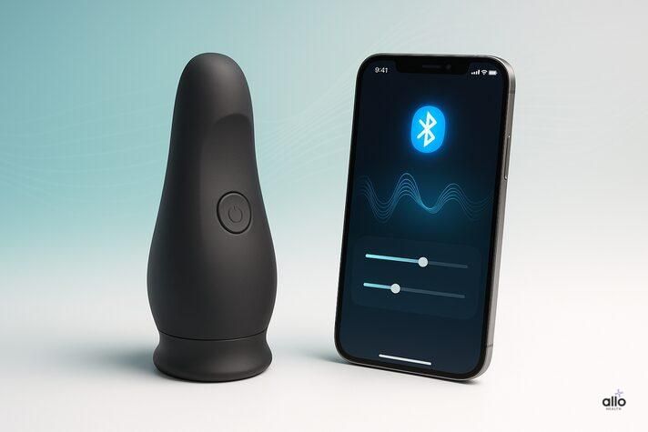 Modern health-tech gadget beside smartphone with Bluetooth app interface, symbolizing smart sex toys for erectile dysfunction with customizable features.