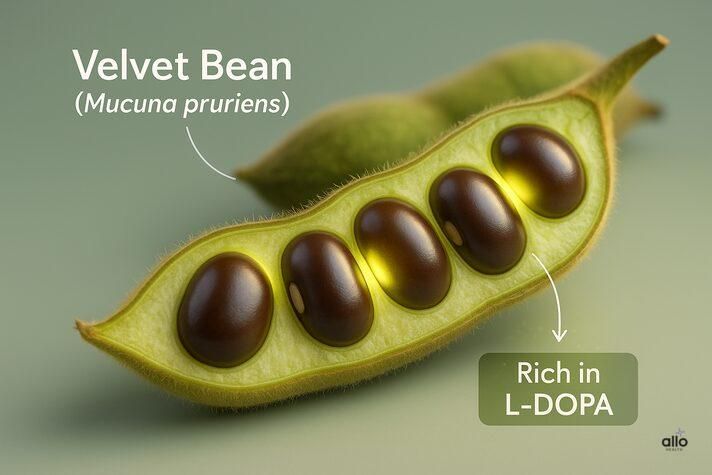 cross-section of Mucuna pruriens pod showing seeds rich in L-DOPA, used in studies of Mucuna pruriens for erectile dysfunction