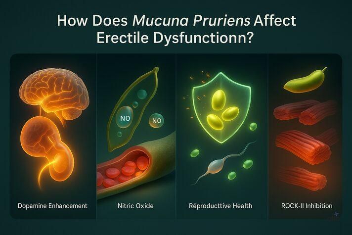 “Infographic showing how Mucuna pruriens for erectile dysfunction may work through dopamine boost, nitric oxide support, antioxidant protection, improved sperm health, and ROCK-II inhibition.