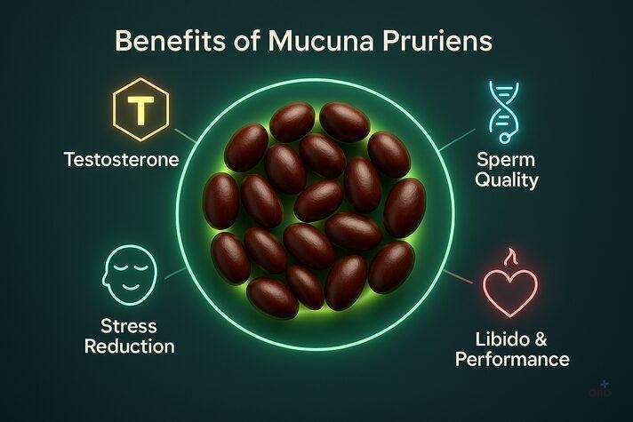 Infographic showing benefits of Mucuna pruriens for erectile dysfunction including testosterone boost, sperm quality, stress reduction, and improved libido.