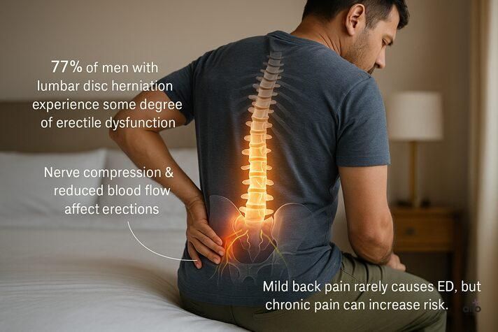 Medical illustration of lumbar spine and pelvic nerves highlighting how back pain and erectile dysfunction are connected, with statistics on nerve compression. 