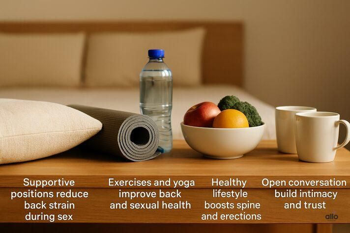 Realistic lifestyle photo representing solutions for back pain and erectile dysfunction with pillow support, yoga, healthy diet, and partner communication.