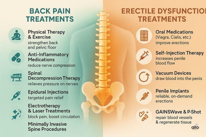 Infographic treatment roadmap comparing options for back pain and erectile dysfunction, including physical therapy, medications, vacuum devices, and implants.
