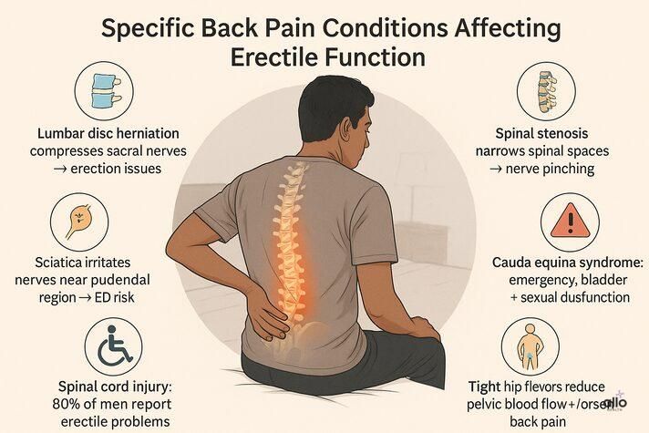 Medical infographic of back pain conditions like lumbar disc herniation, sciatica, and spinal cord injury that increase risk of back pain and erectile dysfunction.