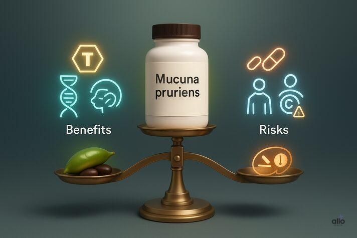 infographic of Mucuna pruriens for erectile dysfunction showing balance of benefits like testosterone and sperm quality against risks like uncertain dosage and limited studies.