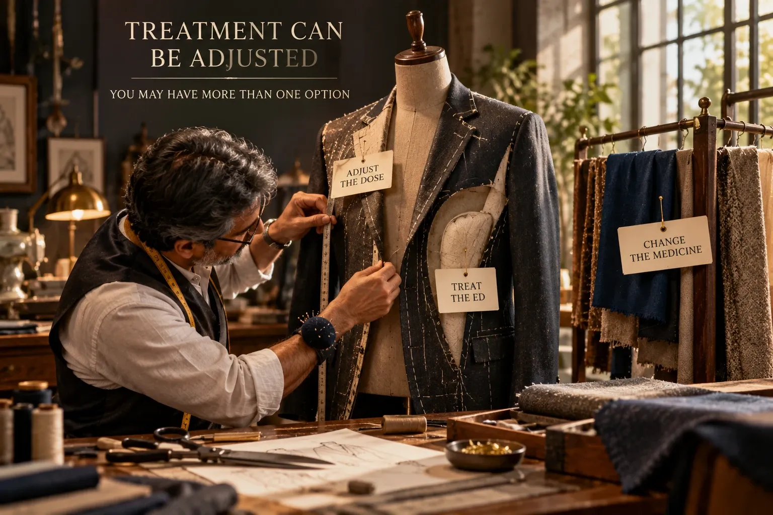 Tailor adjusting a suit to represent treatment options for erectile dysfunction caused by antidepressants