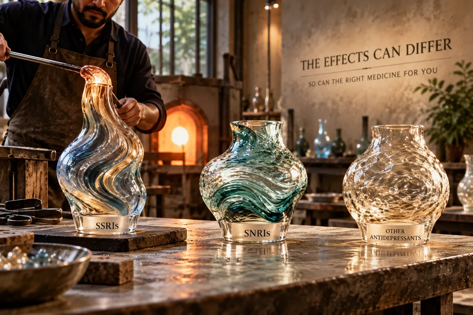Glass vessels representing different sexual side effect risks of SSRIs, SNRIs and other antidepressants
