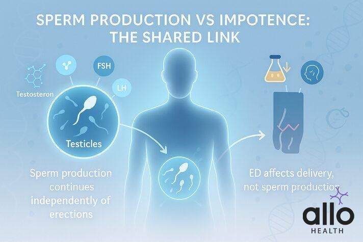 infographic explaining sperm production vs impotence, highlighting hormone roles and delivery issues, answering can impotent man produce sperm.